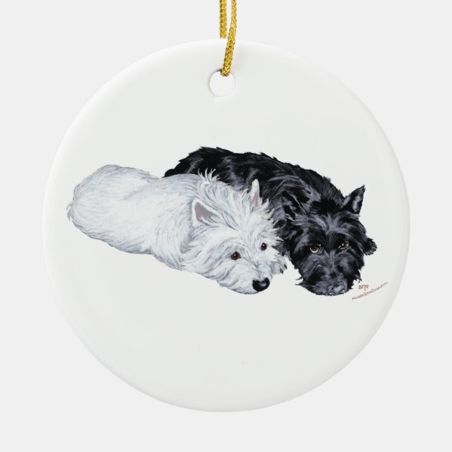 Westie & Scottie at Ease Ceramic Ornament (Front)