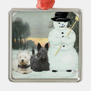 Westie & Scottie Build a Snowman Metal Tree Decoration