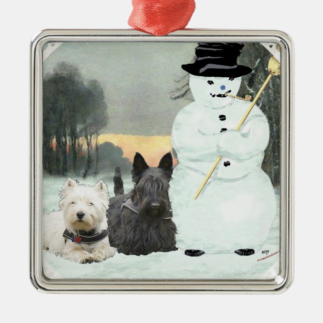 Westie & Scottie Build a Snowman Metal Tree Decoration (Front)