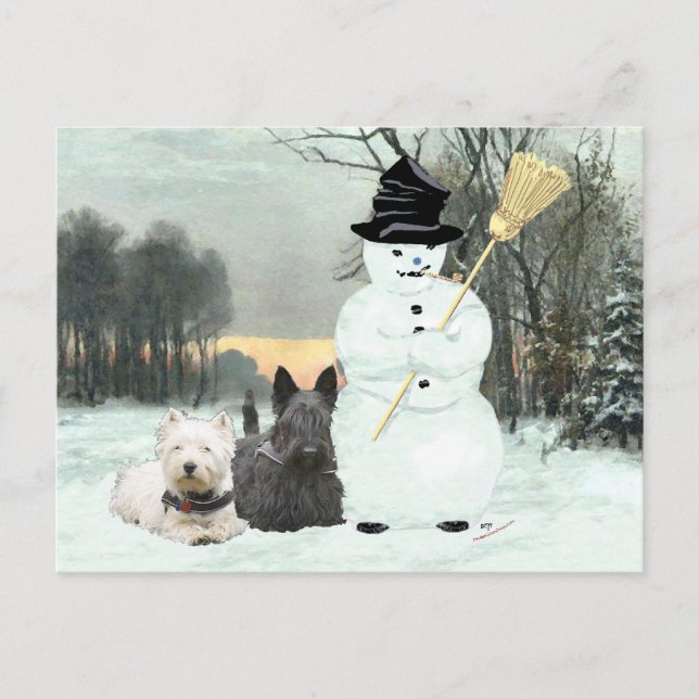 Westie & Scottie Build a Snowman Postcard (Front)