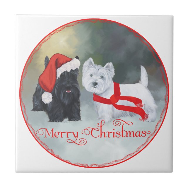 Westie Scottie Christmas Ceramic Tile (Front)