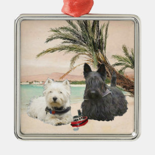 Westie & Scottie on Palmy Beach Metal Ornament