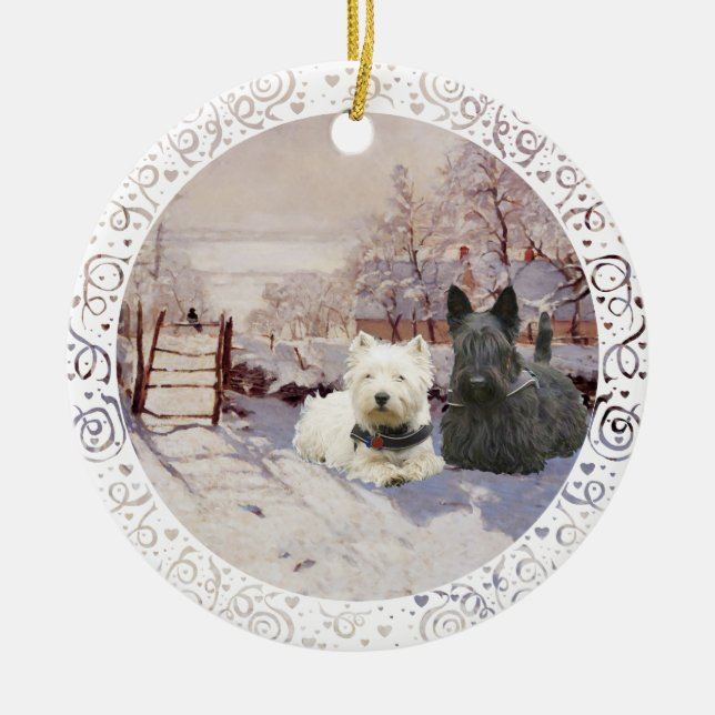 Westie & Scottie Winter Magpie Ceramic Tree Decoration (Front)
