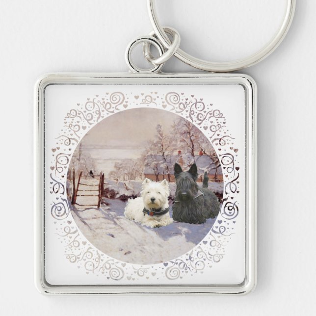 Westie & Scottie Winter Magpie Key Ring (Front)