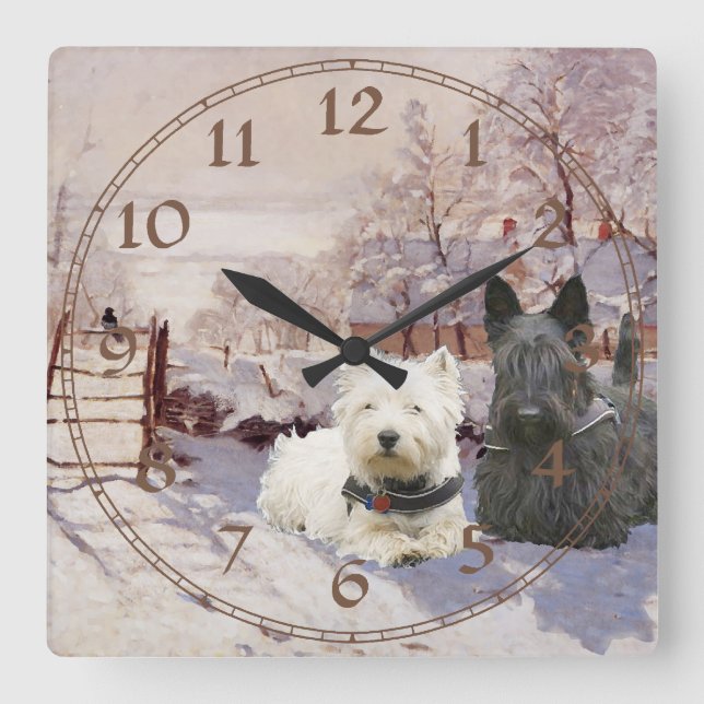 Westie & Scottie Winter Magpie Square Wall Clock (Front)