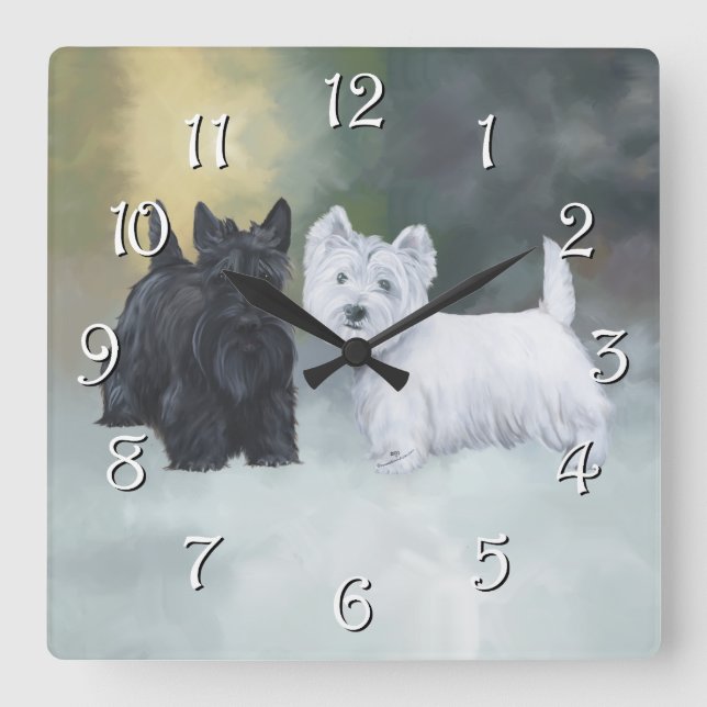 Westie Scottie Wintertime Square Wall Clock (Front)
