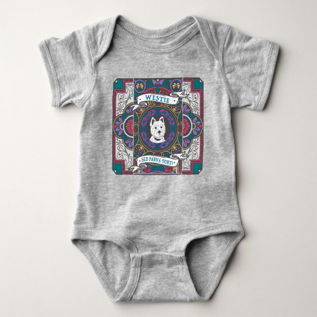 Westie Stained Glass "Small But Mighty" Baby Bodysuit (Front)