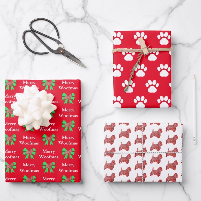 Westie Terrier Dog Silhouette Green Merry Woofmas Wrapping Paper Sheet (Front)