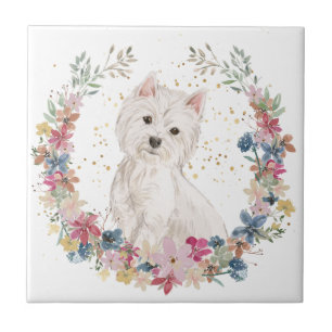 Westie Terrier Spring Flowers Wreath Ceramic Tile