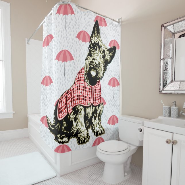 westie west highland dog + umbrella shower curtain (In Situ)