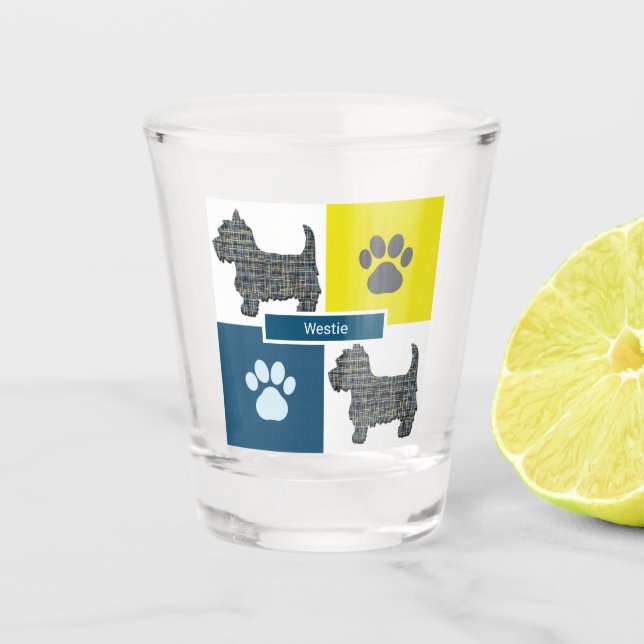 Westie West Highland Silhouette Dog & Paw Y&B Grid Shot Glass (Front)