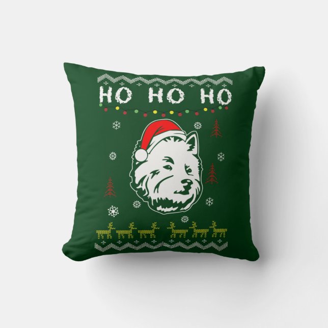 Westie White Terrier Dog Ugly Christmas Ho Ho Ho Cushion (Front)