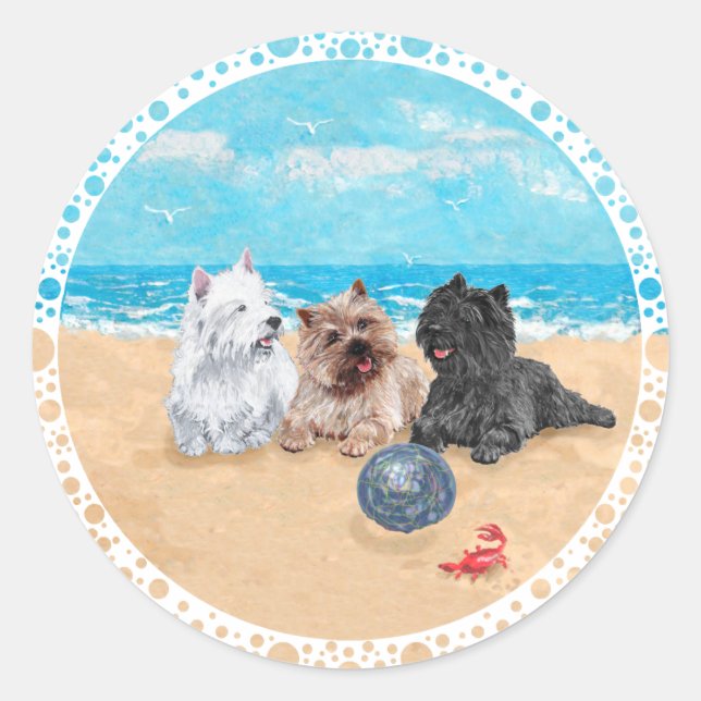 Westie with Cairn Terriers at the Beach Classic Round Sticker (Front)
