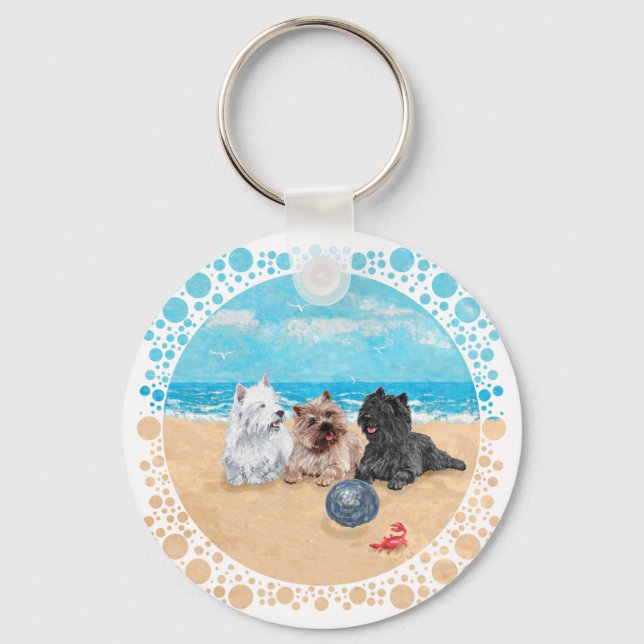 Westie with Cairn Terriers at the Beach Key Ring (Front)