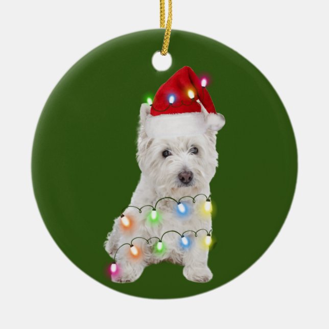 Westie With Christmas Scafts Santa Hat Gift Ceramic Ornament (Front)