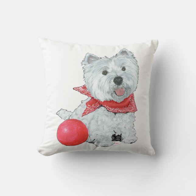 Westie With Red Ball Cushion (Front)