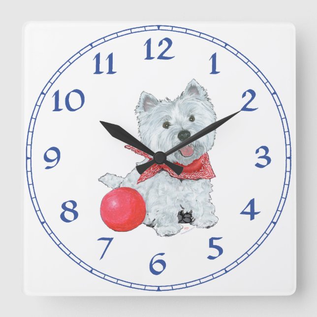 Westie With Red Ball Square Wall Clock (Front)