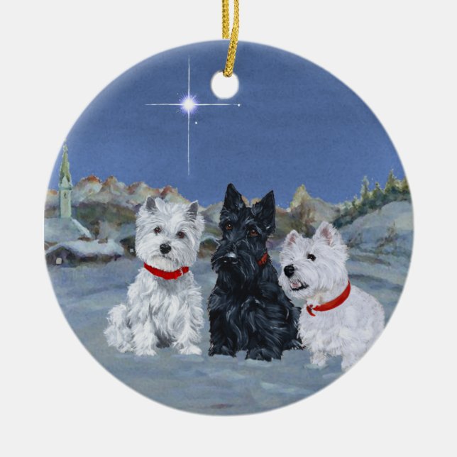 Westies and a Scottie Christmas Ceramic Ornament (Front)