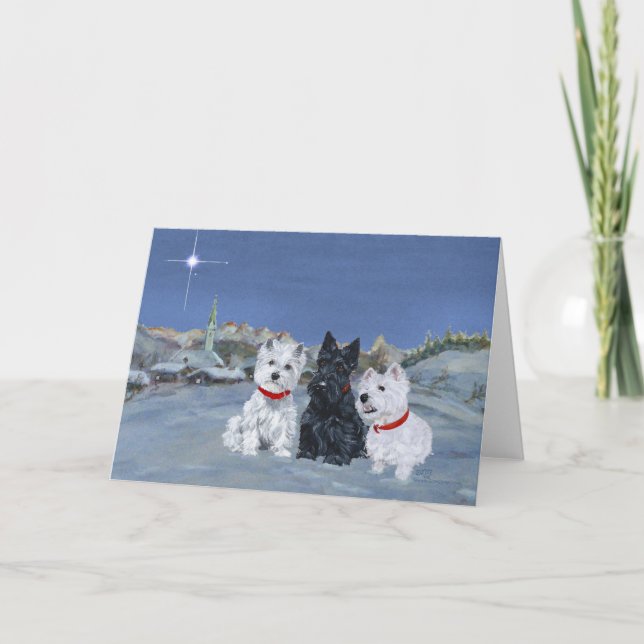 Westies and a Scottie Christmas Holiday Card (Front)