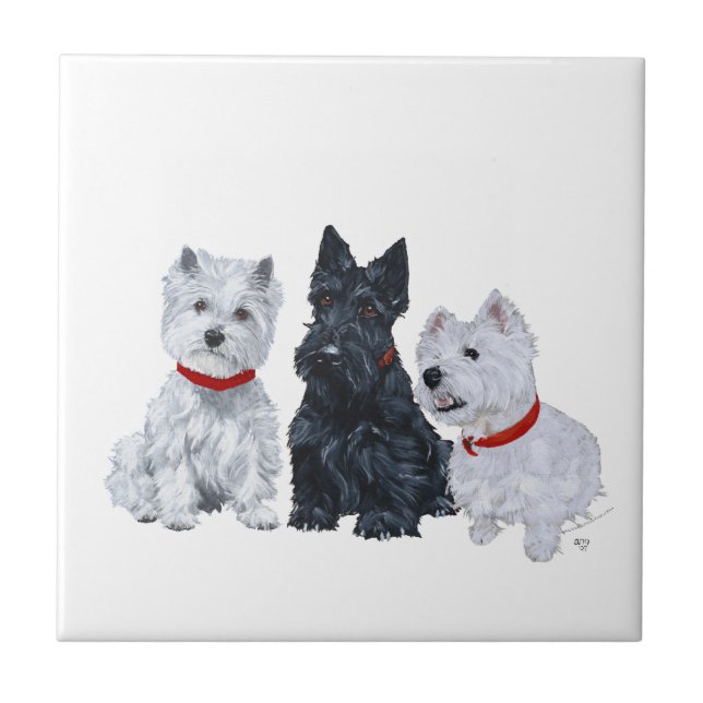 Westies and a Scottie Together Ceramic Tile (Front)