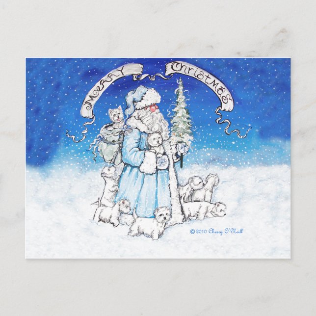Westies and Santa Claus Holiday Postcard (Front)