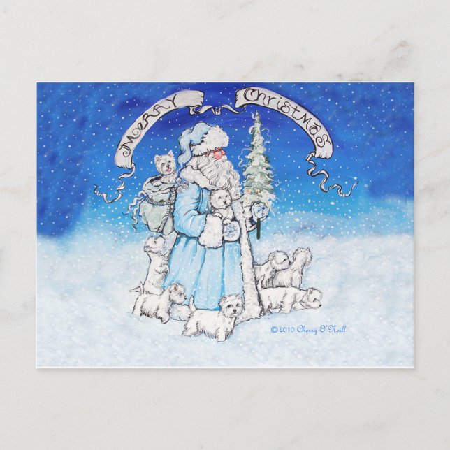 Westies and Santa Claus Holiday Postcard (Front)