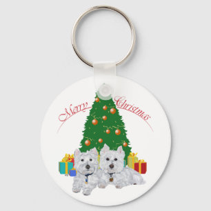 Westies by the Christmas Tree Key Ring