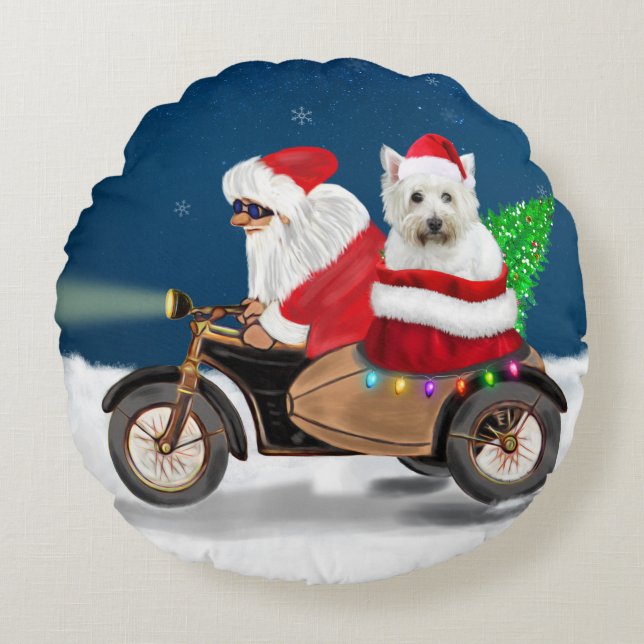 Westie's Festive Ride: Santa Claus on a Motorcycle Round Cushion (Front)