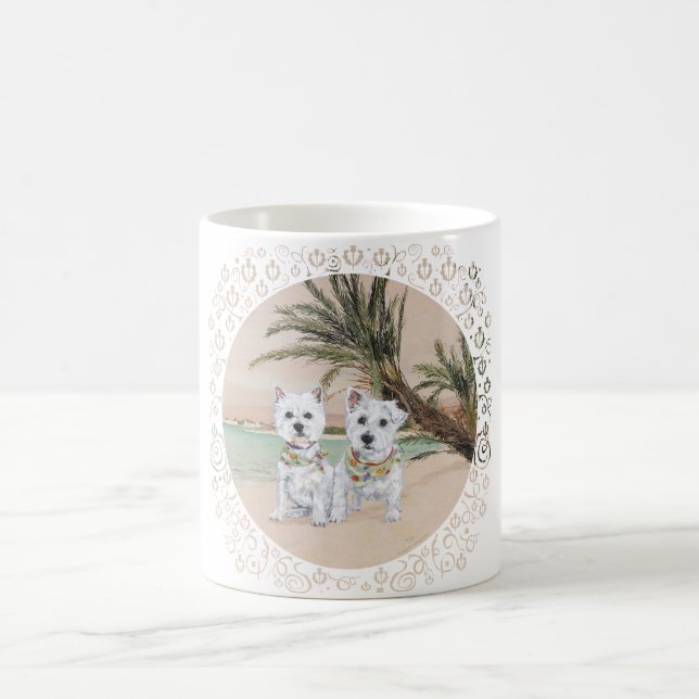 Westies on a Palmy Beach Coffee Mug (Center)