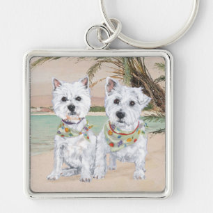 Westies on a Palmy Beach Key Ring