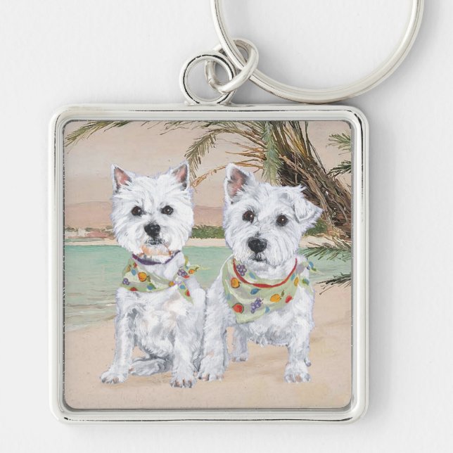 Westies on a Palmy Beach Key Ring (Front)