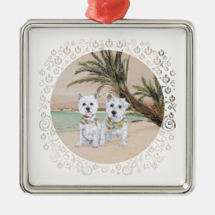 Westies on a Palmy Beach Metal Tree Decoration