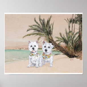 Westies on a Palmy Beach Poster