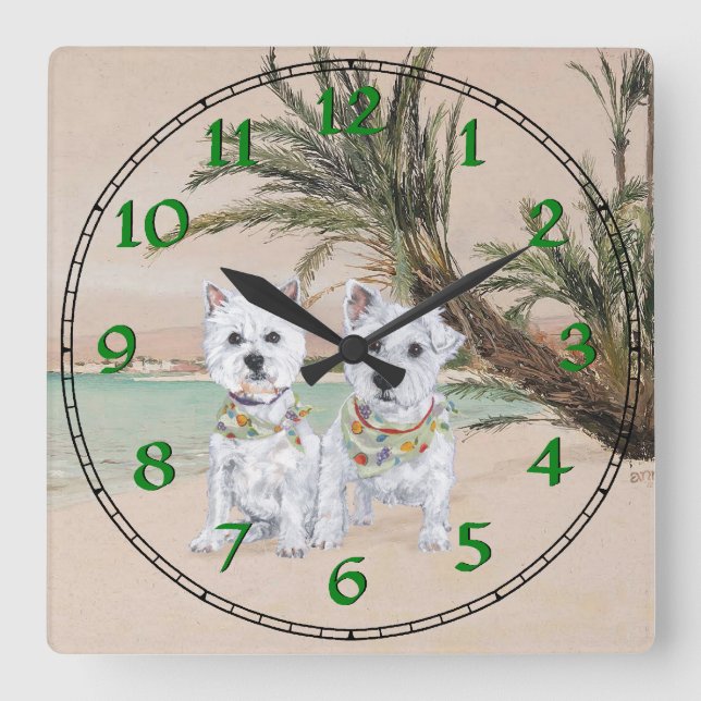 Westies on a Palmy Beach Square Wall Clock (Front)