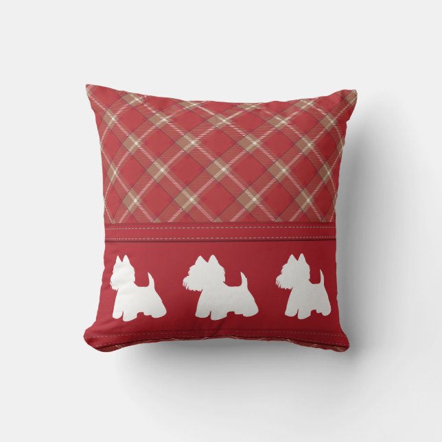 Westies on red tartan cushion (Front)