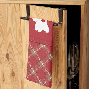 Westies on tartan background tea towel