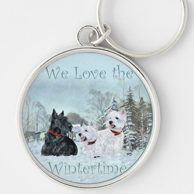 Westies & Scottie in Wintertime Key Ring (Front)