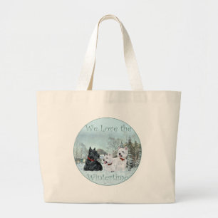 Westies & Scottie in Wintertime Large Tote Bag