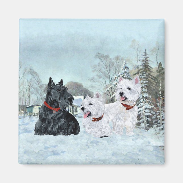 Westies & Scottie in Wintertime Magnet (Front)