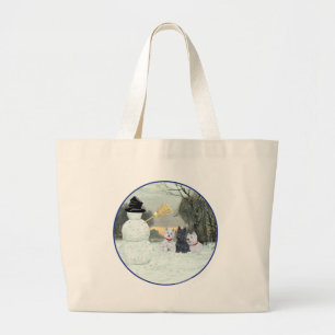 Westies & Scottie with Snowman Large Tote Bag