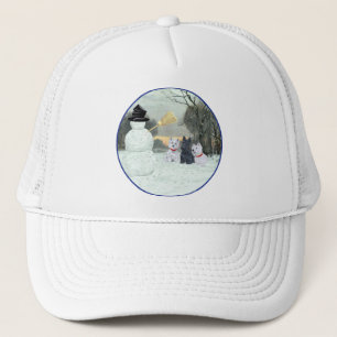 Westies & Scottie with Snowman Trucker Hat