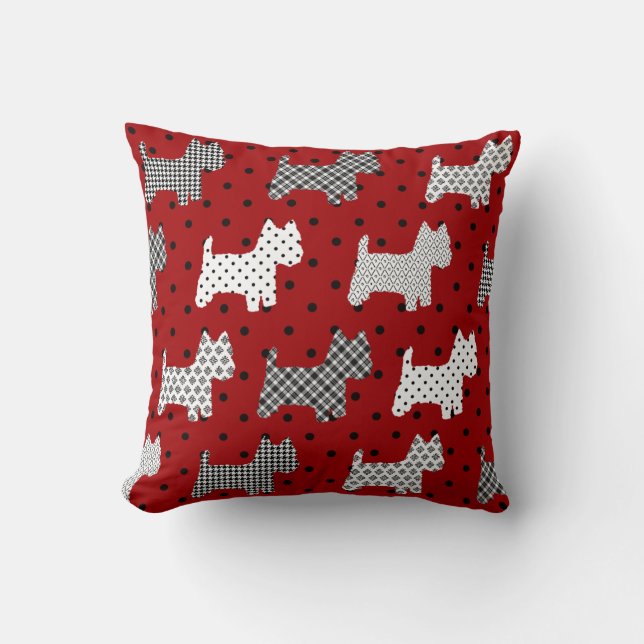 Westies Throw Pillow Red with Black Polka Dots (Front)