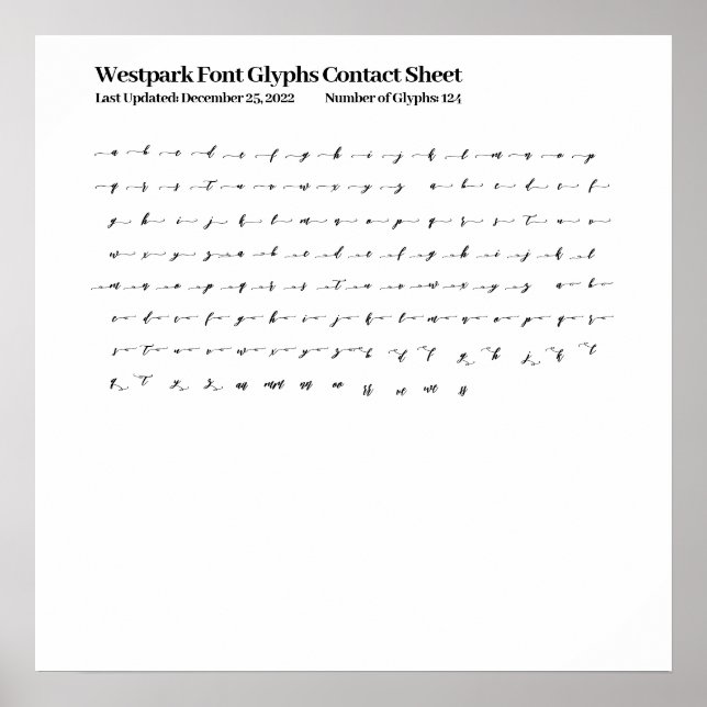 Westpark Font Glyphs Contact Sheet Poster (Front)