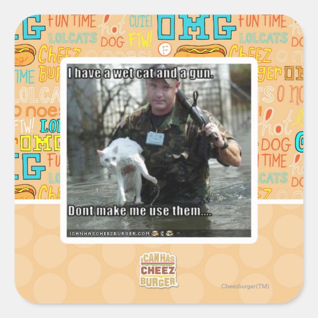 Wet cat and gun square sticker (Front)