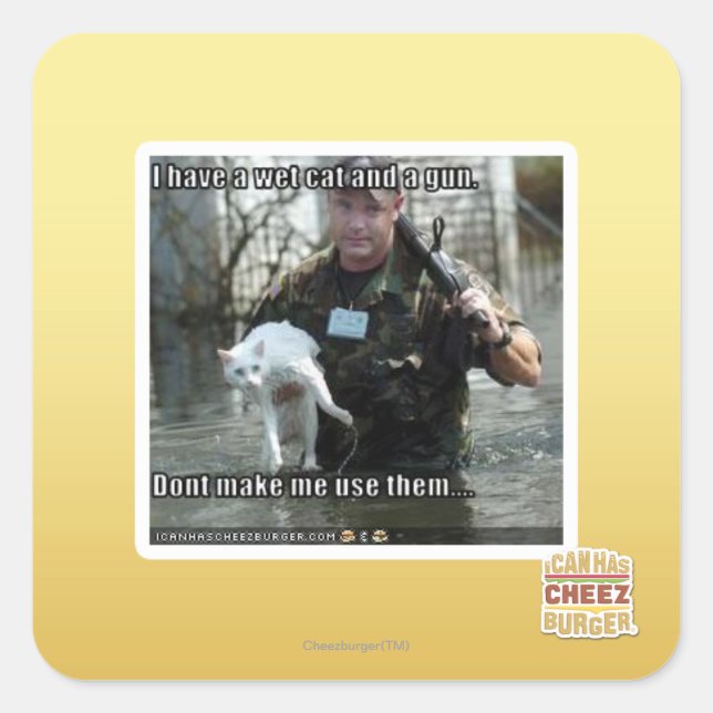 Wet cat and gun square sticker (Front)