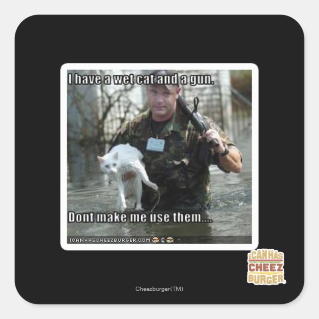 Wet cat and gun square sticker (Front)