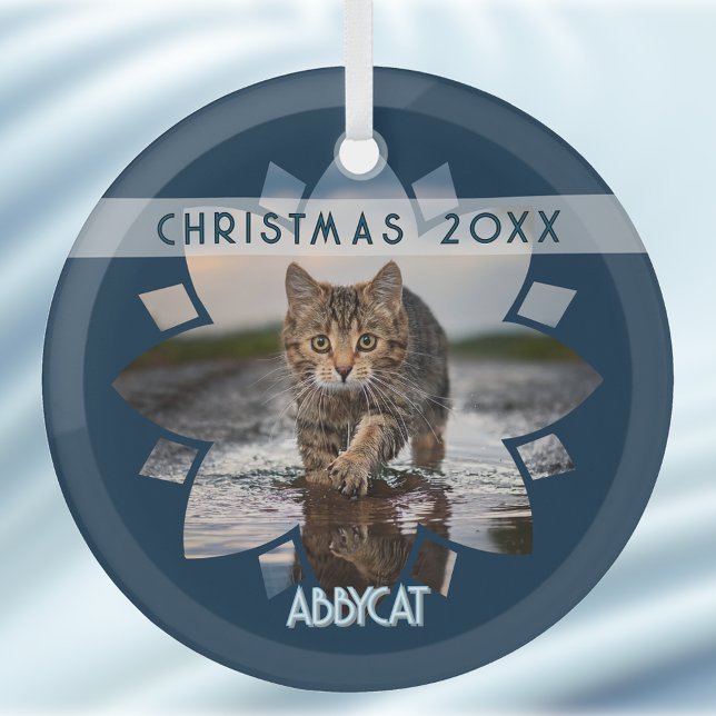 Wet Cat Photo Framed in Flower on Blue Glass Tree Decoration (Creator Uploaded)