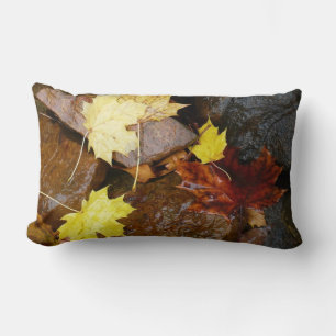 Wet Leaves and Rocks Autumn Nature Photography Lumbar Cushion