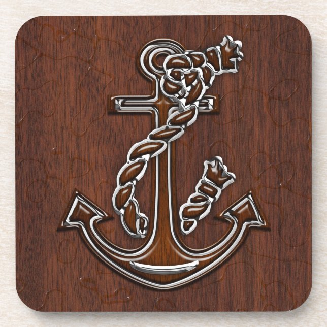 Wet Nautical Mahogany Anchor Steel Decor Coaster (Front)