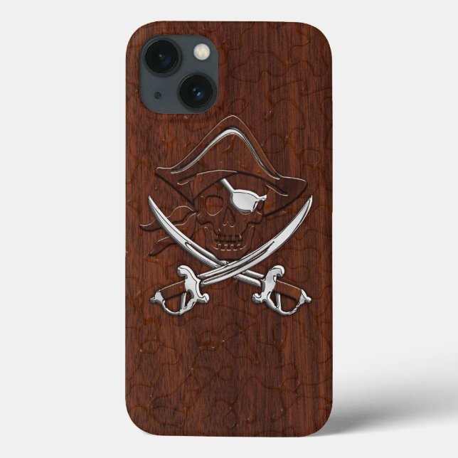 Wet Nautical Mahogany Pirate Skull Steel Case-Mate iPhone Case (Back)